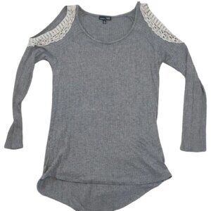 RXB Gray Long Sleeve Shoulder Detail Waffle Knit Top with Lace Accents
